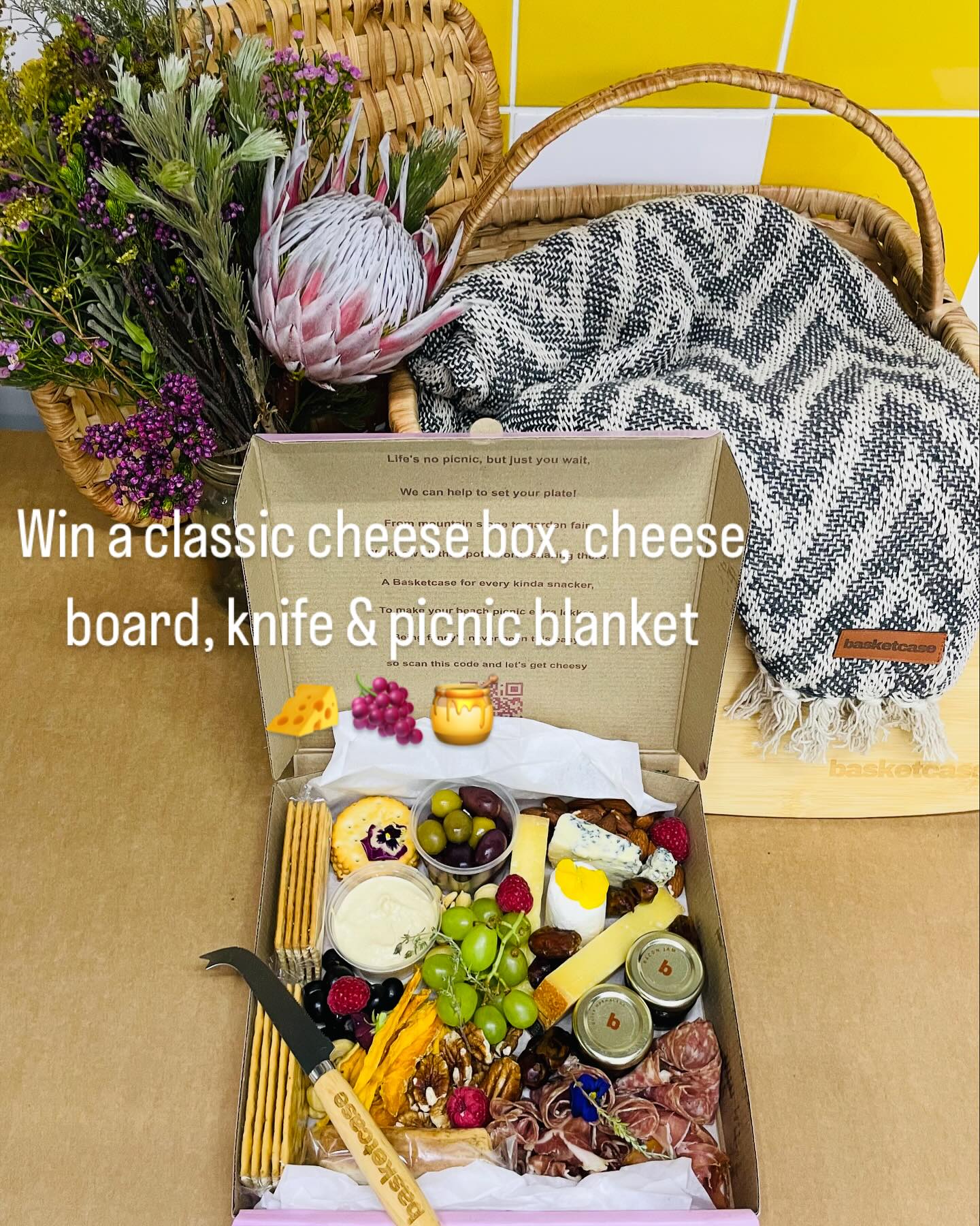 ✨ Classic Cheese & Charcuterie Box, Cheese Board, Knife & Picnic Blanket Up For Grabs ✨ 
How to enter: 
1. Follow @basketcase.picknics 
2.Like this post 
3.Tag who you would want to share this box with
4.Bonus points for sharing and tagging us 
The winner will be announced on 29 November    🍇
Must be Cape Town based 🍯
Box and goodies will be delivered to you on a day you choose 🧀
Let’s get cheesy